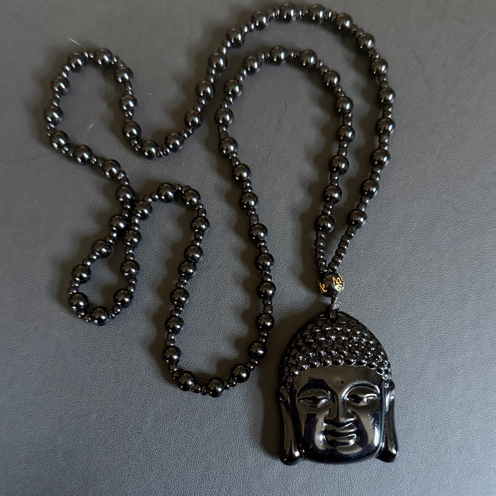 Black Buddha obsidian Pendant Bead Necklace